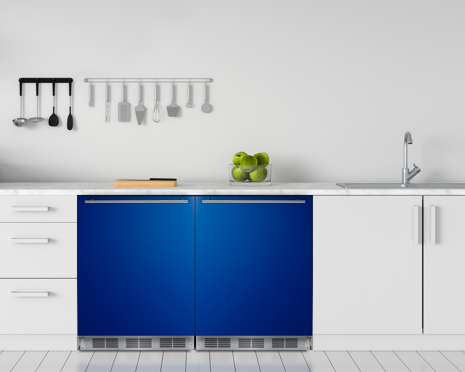 24 in. wide refrigerator-freezer for residential use with a cobalt blue door, stainless steel handle, and black cabinet